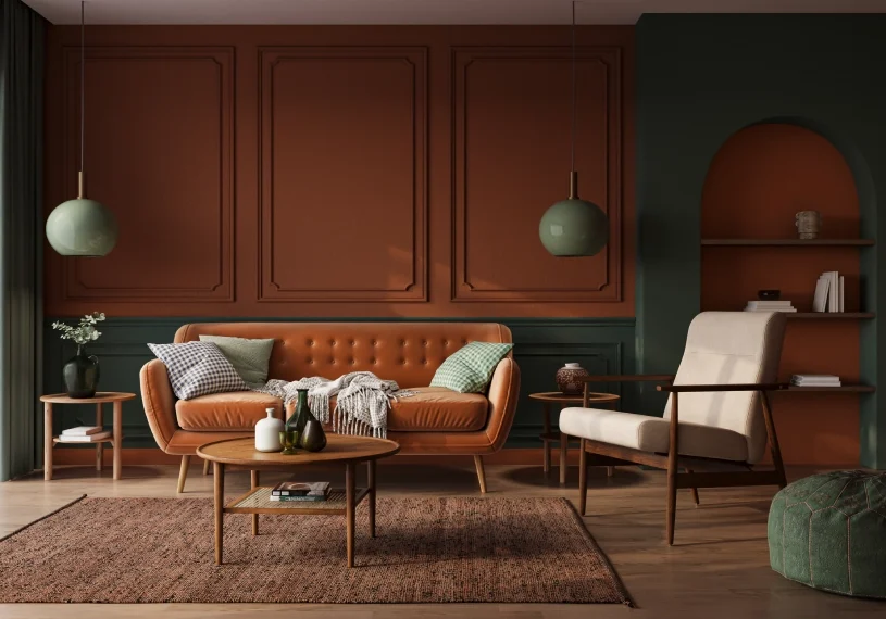 A living room with brown walls and furniture.